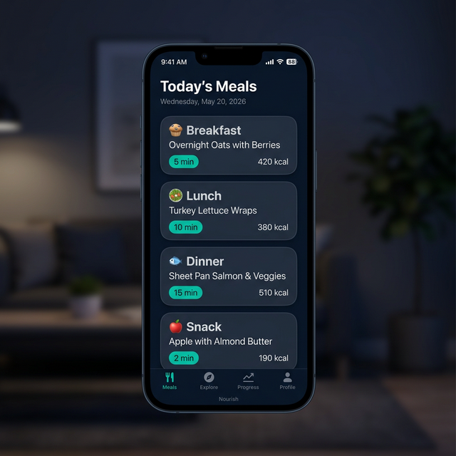 FocusPlate daily meal plan screenshot showing breakfast, lunch, dinner and snack cards with preparation times